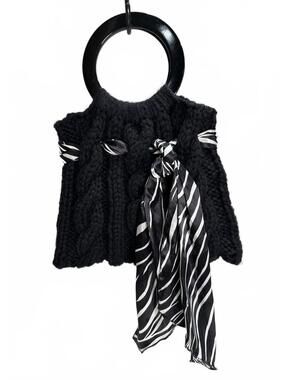 Black Cable Knit Handbag with Zebra Print Scarf Accent Hand-Knit